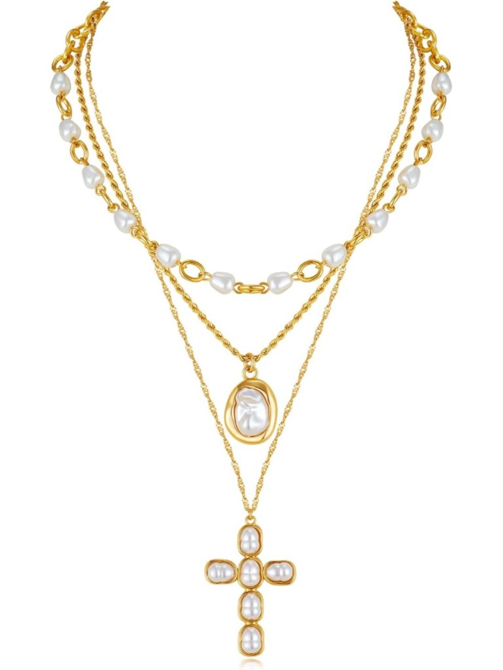 Gold Layered Necklace for Women Chic Imitation Pearl Cross Necklaces Stackable M